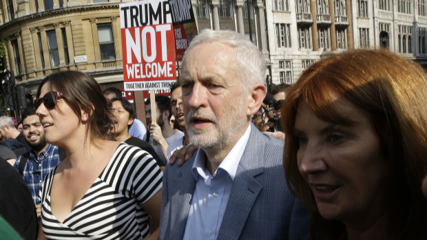 Britain's Labour Party leader, Jeremy Corbyn, joins a march opposed to the visit of Donald Trump.