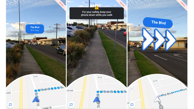 If you try to walk while looking at the AR directions, the app will warn you.