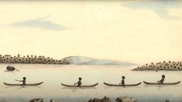 A detail from the painting of “Bannelang [Bennelong] meeting the Governor by appointment after he was wounded by Will [Nille?] ma ring in September 1790”. It depicts Barangaroo in the second canoe.