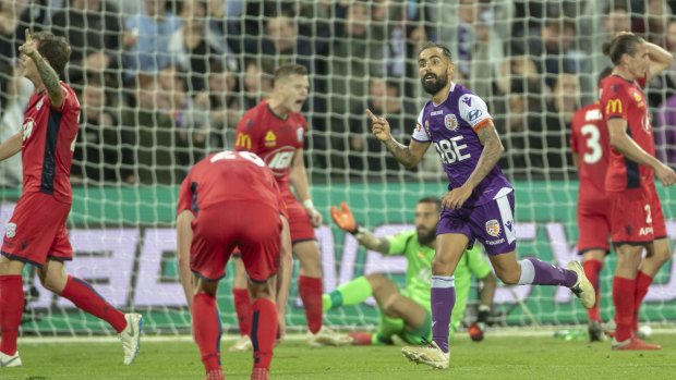 The indefatigable Diego Castro scores one of his two goals in Glory's epic semi-final win against Adelaide.