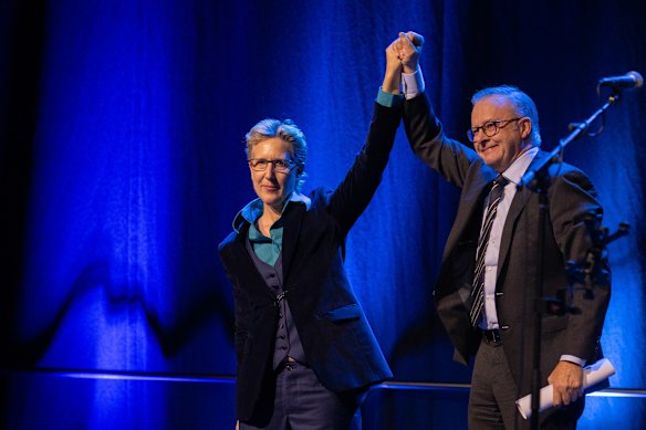 ACTU secretary Sally McManus and Prime Minister Anthony Albanese at the ACTU national congress in Adelaide in 2024.