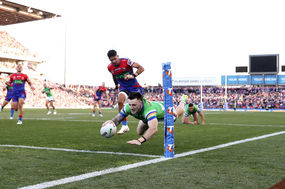 James Schiller scores one of his two first-half tries for Canberra.