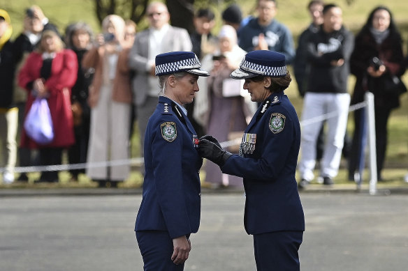Inspector Amy Scott receives the Commissioners Valour Award during a ceremony at the NSW Police Academy in Goulburn, NSW. June 21, 2024. Photo:
