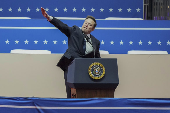 Speaking at Trump’s inaugural parade in Washington, Musk twice extended his arm out with his palm facing down, drawing comparisons to the Nazi salute.