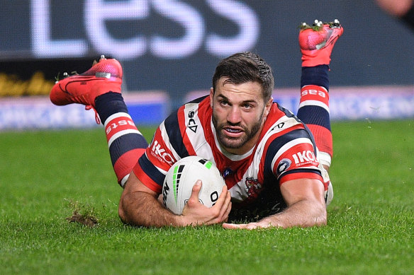 James Tedesco scores in the Roosters' rout of Canterbury on Monday night.