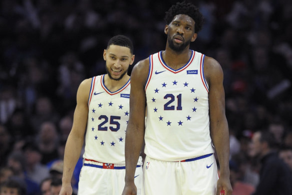 Philadelphia 76ers Joel Embiid (right) and Australian teammate Ben Simmons.