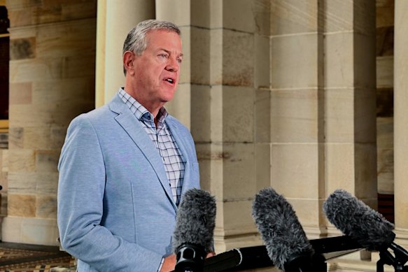 Queensland Health Minister Tim Nicholls speaks on Saturday.