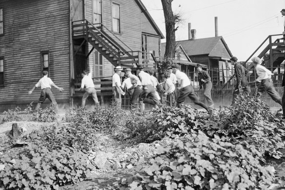 A mob of white men sets upon a victim n Chicago in 1919. Hundreds of African Americans died at the hands of white mobs in the riots.
