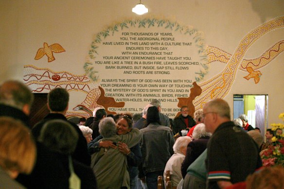 An excerpt from Pope John Paul II’s address in Alice Springs on the wall of Redfern’s St Vincent’s Church.