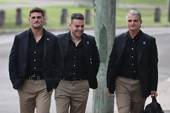 Panthers trio Nathan Cleary, media manager Michael Blok and coach-turned lawyer Ivan Cleary.
