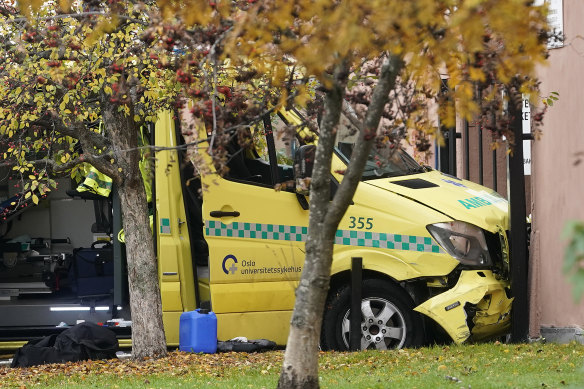 The ambulance was damaged when it crashed into a building in Oslo.
