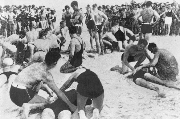 The chaotic scene at Bondi on Black Sunday - February 6, 1938 - when hundreds of bathers were hit by monster waves.