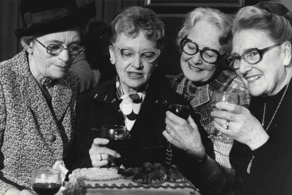 Gwen Meredith (second) left is seen with three of the longest serving actresses in the serial, Maiva Drummond (left) Queenie Ashton (second right) and Ethel Lang (right), pictured after final taping of show.