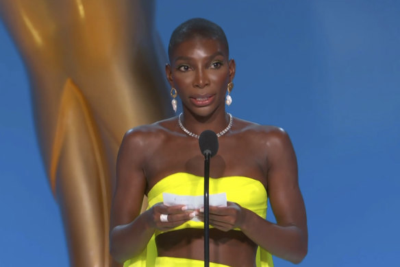 Michaela Coel accepts the award for outstanding writing for a limited or anthology series or movie for I May Destroy You.