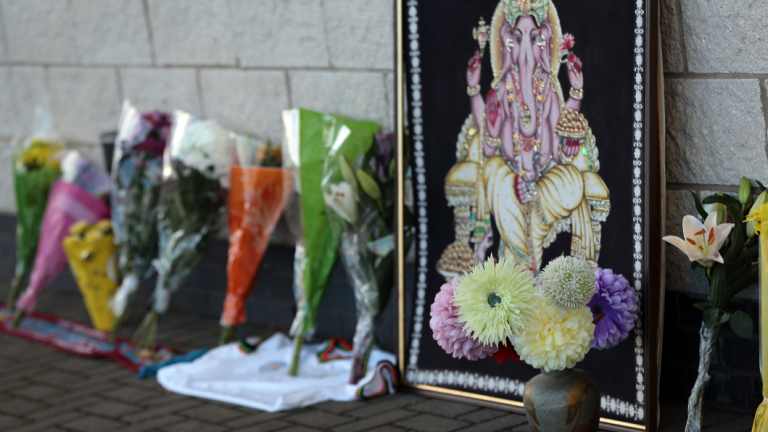 Tributes are displayed outside Leicester City Football Club on Sunday after the club's owner, Vichai Srivaddhanaprabha, died in a helicopter crash.
