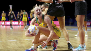 Pumped: Diamonds goal defence Jo Weston had her hands full containing the New Zealand shooters.