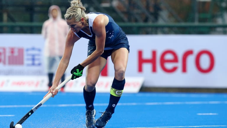 Jodie Kenny on the ball against Great Britain in Changzhou.