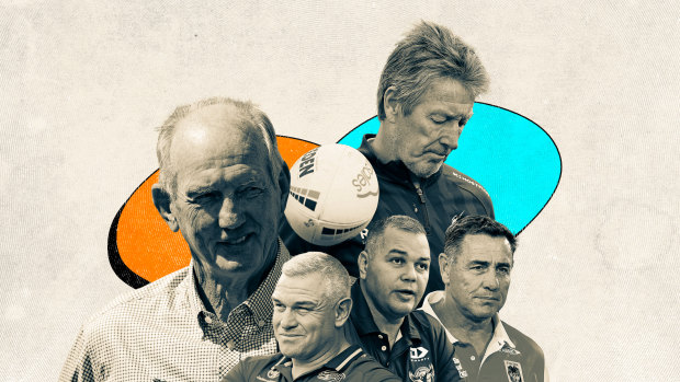NRL coaches Wayne Bennett, Jason Ryles, Craig Bellamy, Anthony Seibold and Shane Flanagan