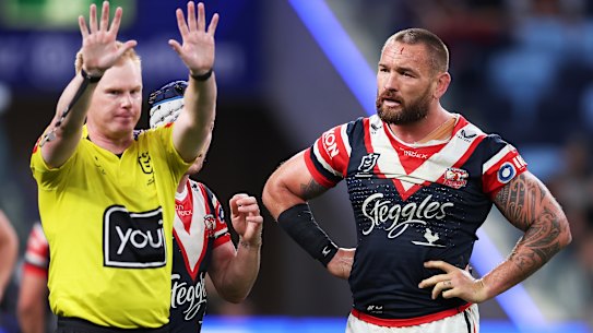 SYDNEY, AUSTRALIA - AUGUST 26:  Jared Waerea-Hargreaves of the Roosters is sent to the sin bin during the round 26 NRL match between Sydney Roosters and Wests Tigers at Allianz Stadium on August 26, 2023 in Sydney, Australia. (Photo by Matt King/Getty Images)