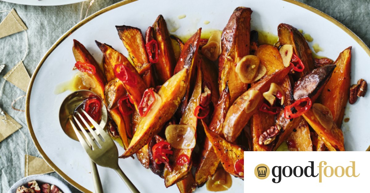 Roasted sweet potato wedges with toasted pecans, chilli and maple