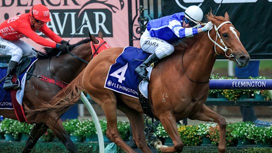 Gytrash wins the Lightning Stakes at Flemington in February