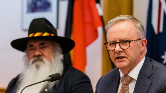 Pat Dodson with Prime Minister Anthony Albanese at the Voice to parliament referendum working group.