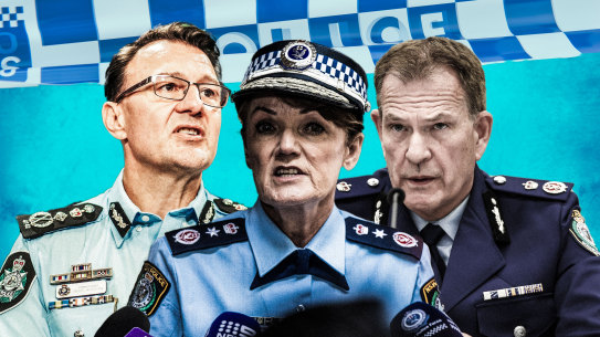 Australian Federal Police commissioner Reece Kershaw, NSW Police Commissioner Karen Webb and NSW Police deputy commissioner and counter-terror chief Dave Hudson. 