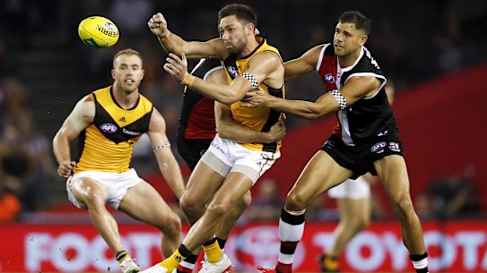 Jack Gunston is tackled during round seven of the 2021 season. 
