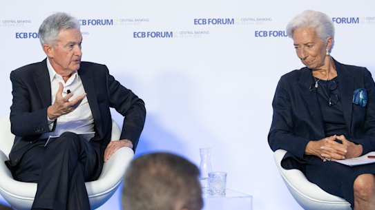 US Federal Reserve chairman Jerome Powell with ECB president Christine Lagarde on stage at the ECB Forum in Portugal.