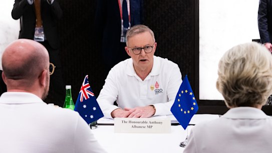 Australian prime minister Anthony Albanese meets with Ursula von der Leyen - President of the European Commission and Charles Michel - President of the European Council.