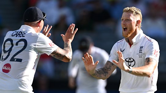Ben Stokes picked up five wickets as Australia crumbled in Perth.