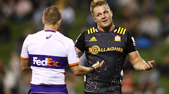 Chiefs captain Sam Cane pleads with a referee.