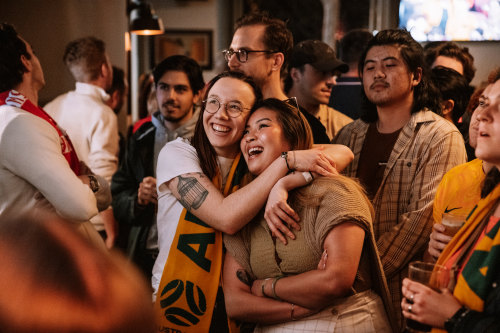 The crowd watching the nail-biting Matildas game at The Clock in Surry Hills.