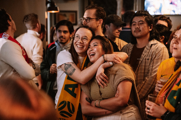 The crowd watching the nail-biting Matildas game at The Clock in Surry Hills.