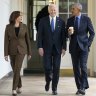 Joe Biden, Kamala Harris and Barack Obama walk along the West Colonnade of the White House in April 2022.