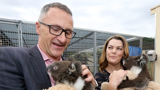 South Australian senator Sarah Hanson-Young, pictured with Greens leader Richard Di Natale on Wednesday, is aiming to be elected for her third term. 