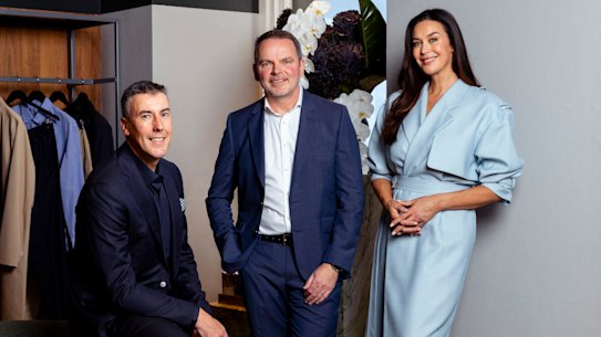 David Jones CEO Scott Fyfe, Qantas Loyalty CEO Andrew Glance, and brand ambassador, model and actress Megan Gale.