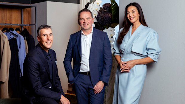 David Jones CEO Scott Fyfe, Qantas Loyalty CEO Andrew Glance, and brand ambassador, model and actress Megan Gale.