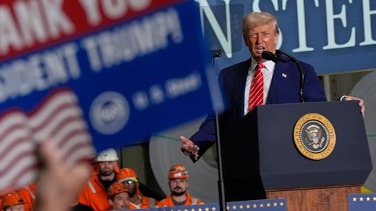 Steelworkers listening to Donald Trump as he announced his plan to double tariffs on steel imports. The move has put a rocket under steel prices.