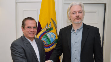 After meeting Ecuadorean Foreign Minister Ricardo Patino, left, at the embassy in London in 2014, Assange said he'd be "leaving soon".