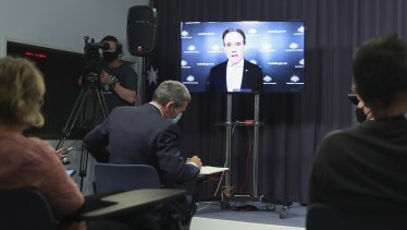 Federal Health Minister Greg Hunt at a press conference. 