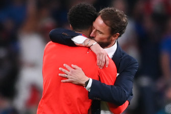 Gareth Southgate, who himself missed a crunch penalty at Euro ’96, consoles a player.