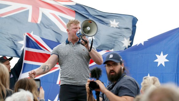 Far-right figurehead Blair Cottrell at a rally in January. 