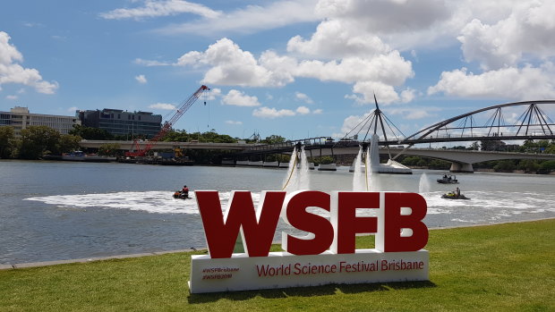A water jetpack display at the launch of the World Science Festival Brisbane 2019 program.