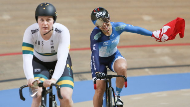 Lee Wai Sze (R) of Hong Kong celebrates after winning the gold medal in the women's Sprint final during the UCI Track Cycling World Championships.