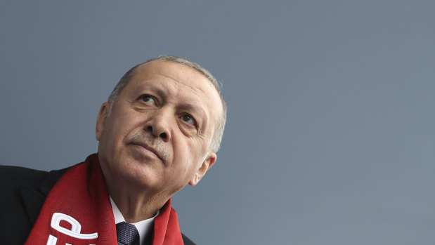 Turkey's President Recep Tayyip Erdogan delivers a speech at an election rally.