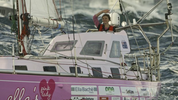 Jessica Watson on approach to the finish at Sydney Heads after her 8 month solo voyage sailing around the world. 