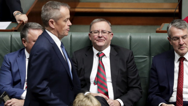 Opposition Leader Bill Shorten and Shadow Minister for Infrastructure Anthony Albanese during Question Time at Parliament House in Canberra on June 27, 2018.  