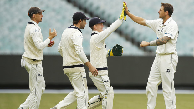 James Pattinson (right) celebrates a wicket at the MCG last week