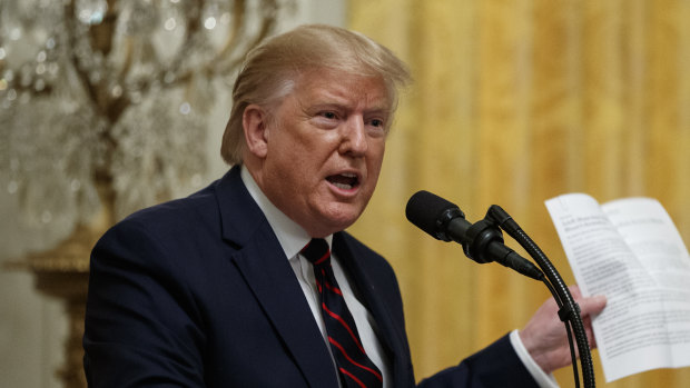 US President Donald Trump speaks during news conference with Finnish President Sauli Niinisto in the East Room of the White House. 